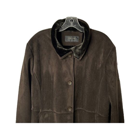 DANA BUCHMAN Chocolate Brown Coat Fur Trim Jacket Knee Length Buttons Womens - Picture 4 of 9
